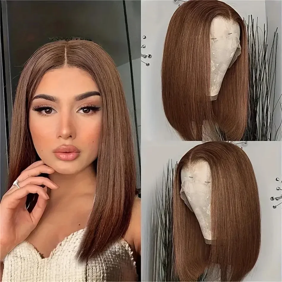 Chocolate Brown Short Bob Human Hair 13X4 Lace Wig Brazilian Remy_voghion.com