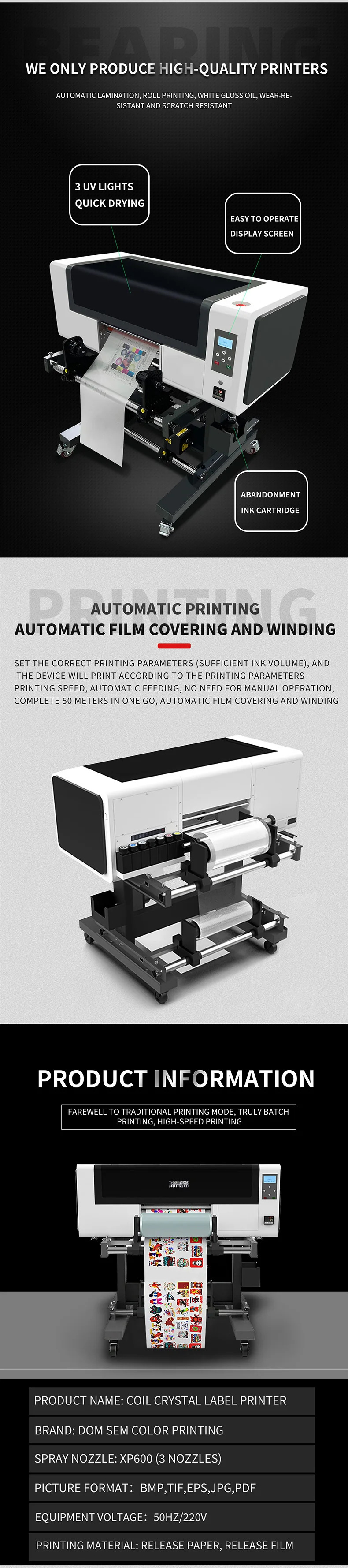 30cm Width 3pcs XP600 Print heads Roll to Roll UV DTF Film Sticker Printing Machine All in one UV DTF Printer