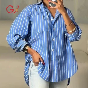 GX6021 Fashion Elegant Spring Fall Blue Strip Blouse Print Loose Single Breasted Cardigan Polo Collar Long Sleeve Shirt Women