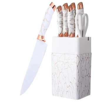 New Style 7pcs stainless steel chef knives marble handle kitchen knife set with block sharpener