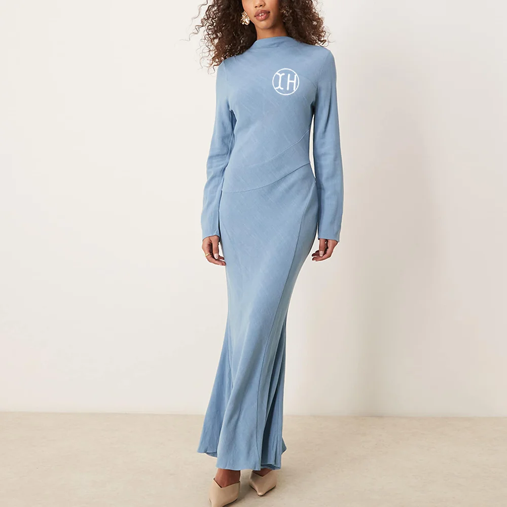 Wholesale Ladies Casual Elegant Cotton Dress Long Sleeve High Neck Zipper  Dresses Plain Slim Fit Flare Maxi Dress