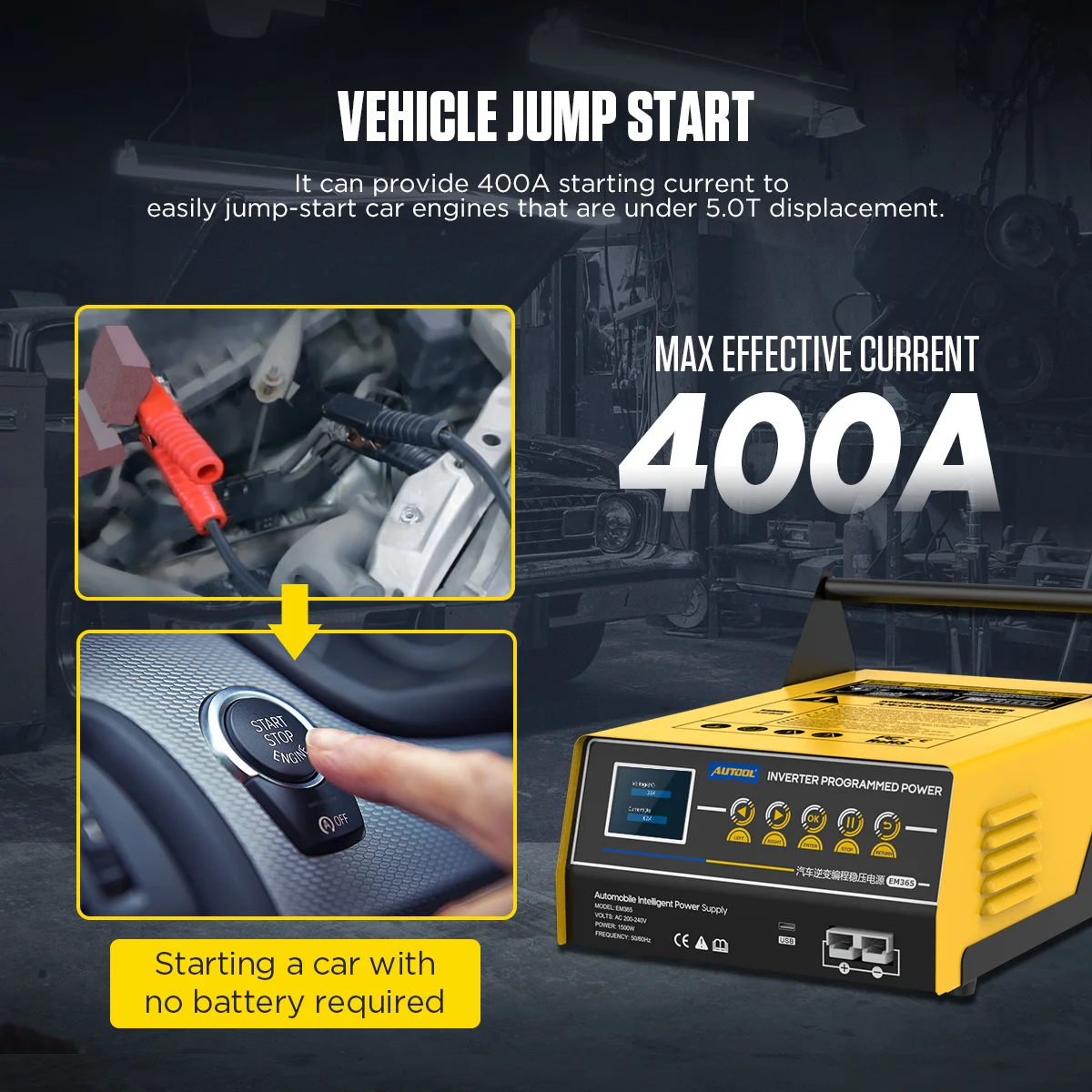 AUTOOL New Arrival EM365 3 in 1 Inverter Programming Battery Charger Car Portable Power Supply Jump Starter Power Bank