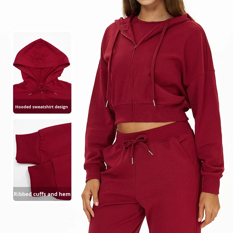 Zipper Sports Sweatshirt Hood Casual Loose Versatile Running Fitness Sportswear Sets Bre preview