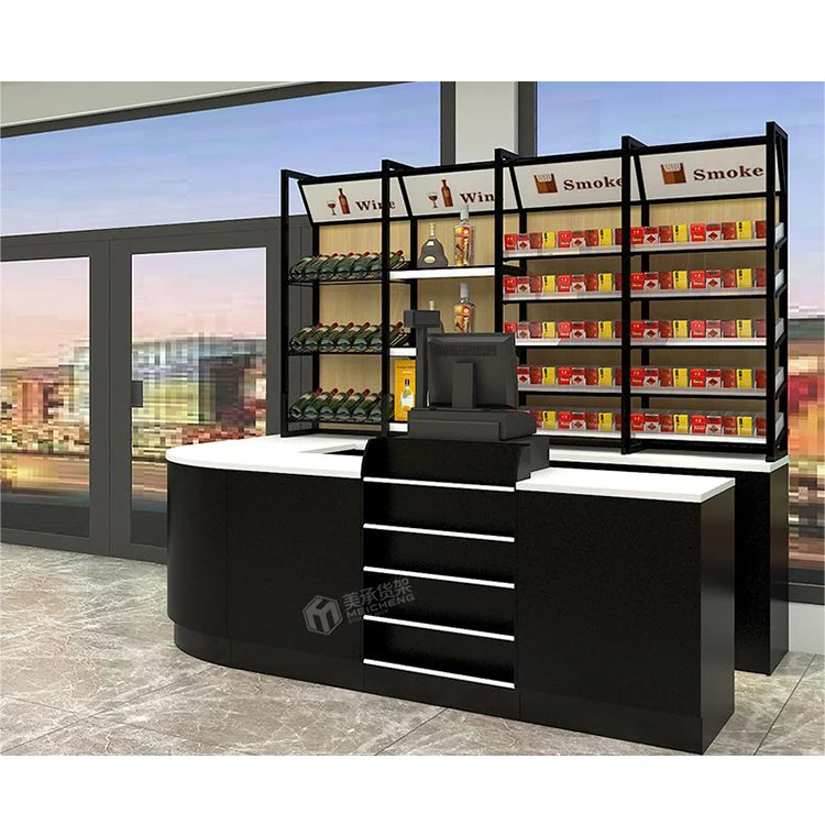 Meicheng Customized Retail Convenience Store Cashier Desk With Wine Rack Shelf Tobacco Display Stand