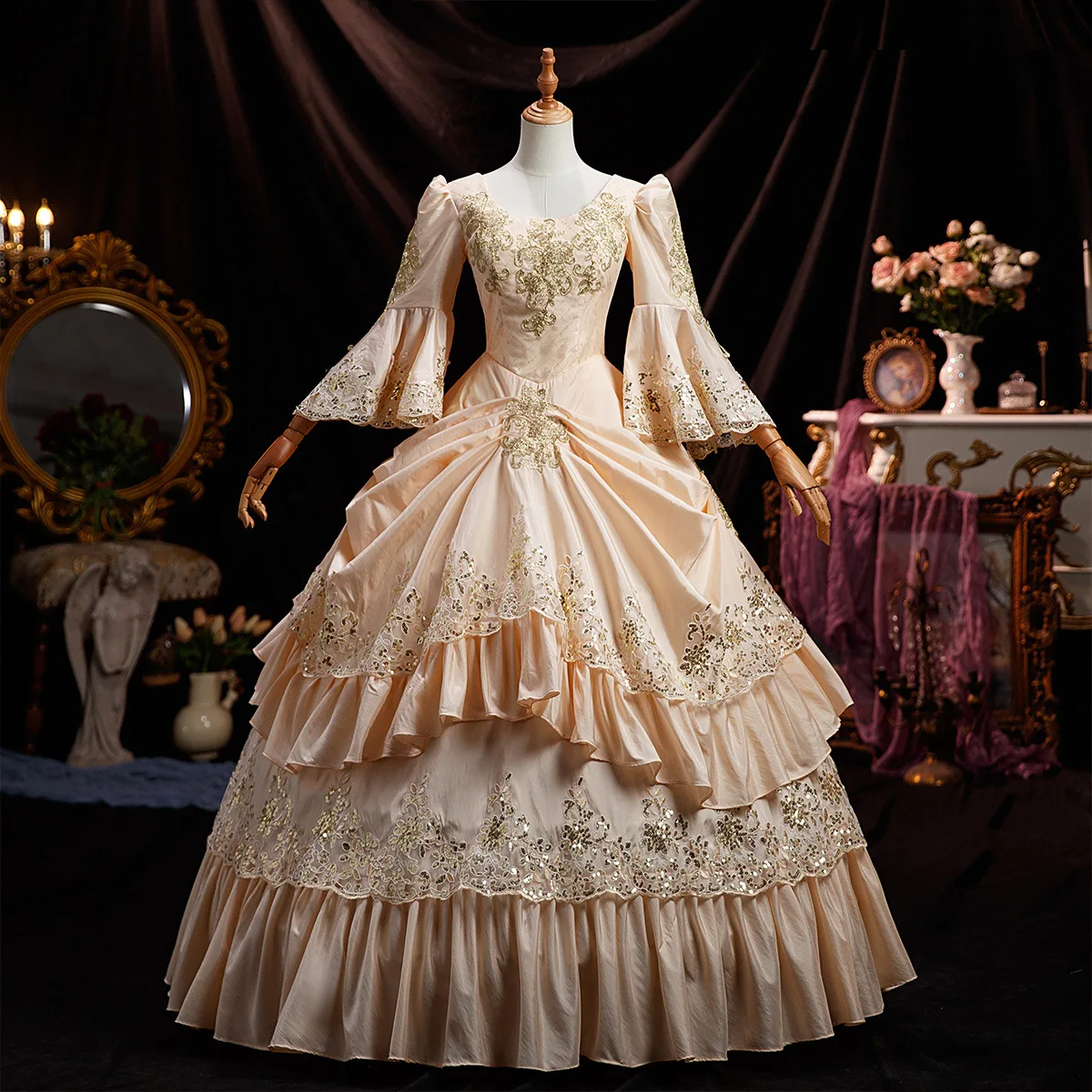 18th century formal dress Chic Puff Sleeve Long Prom Dress Floral Ball Gown Elegant Evening Dres –  SELINADRESS
