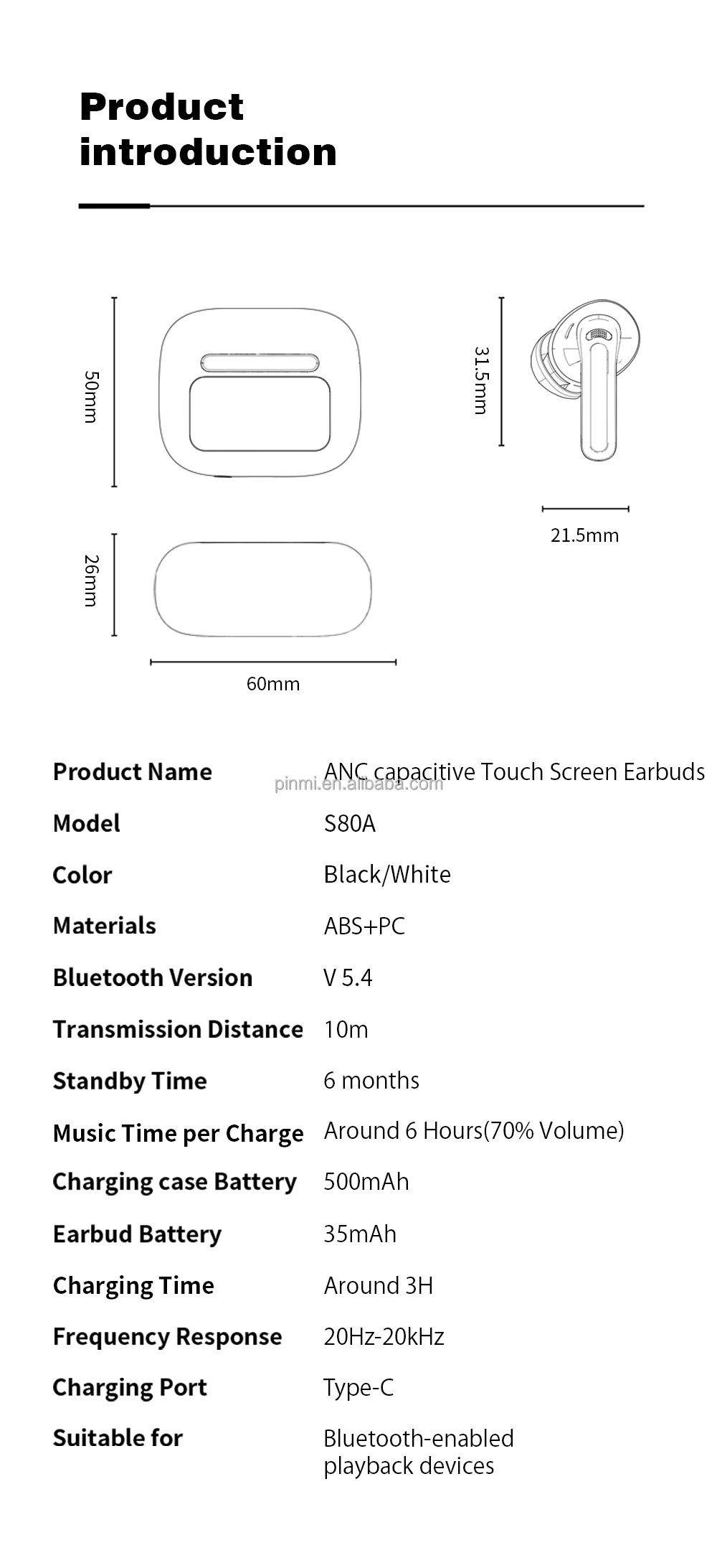 Factory Private JL Chipset ANC+ENC Wireless for 5.4 In-Ear Gaming Earbuds with IPX4 Waterproof and 36h Battery Life