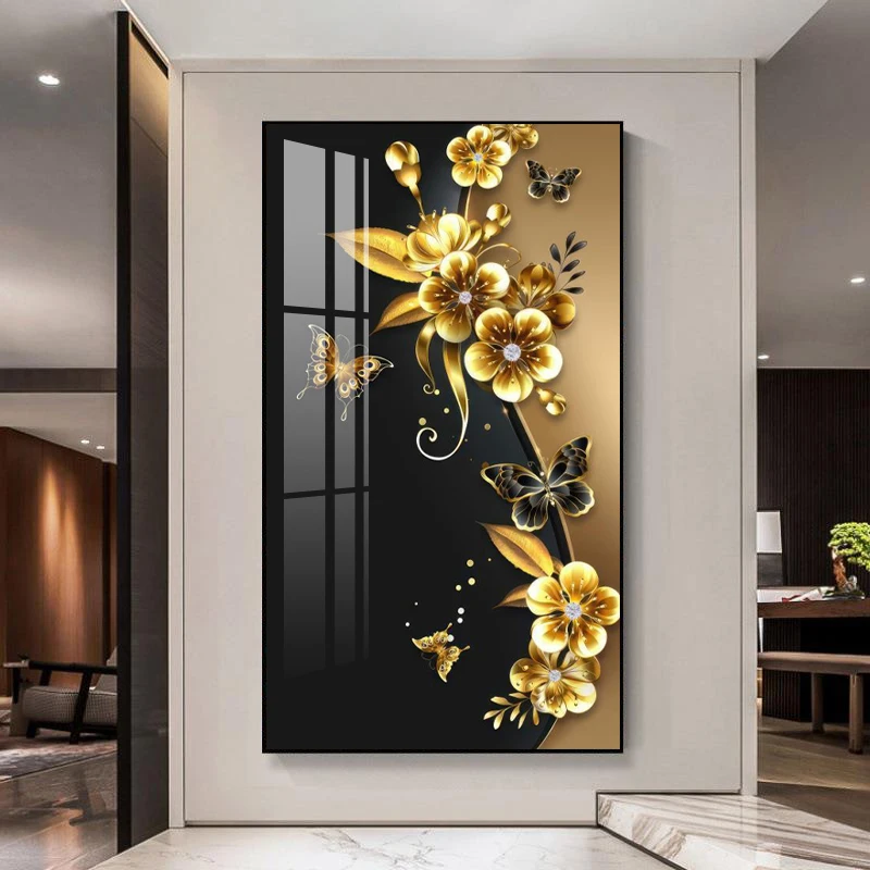 Factory Wholesale Custom Home Decoration Art Wall Art Crystal Porcelain Painting Abstract Golden Flowers Painting Led Light Art