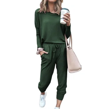 Custom 2022 Autumn and Winter Women New Women Loose Solid Long Sleeve Bottoming Tops Long Legging Casual Two Pieces Sets Suit