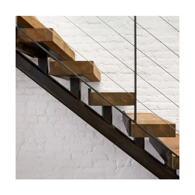Indoor Steel Structure Central Stringer Stairs With Original Wood Tread