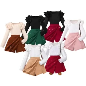 2026 New Design Fashion Teenage Outfits Solid Color Long Sleeve Neck Top Beaded Culottes Casual Style Autumn Girl Clothes Set