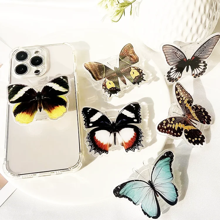 Popular designs custom acrylic waterproof phone holder finger griptok socket cartoon butterfly acrylic mobile phone grip factory