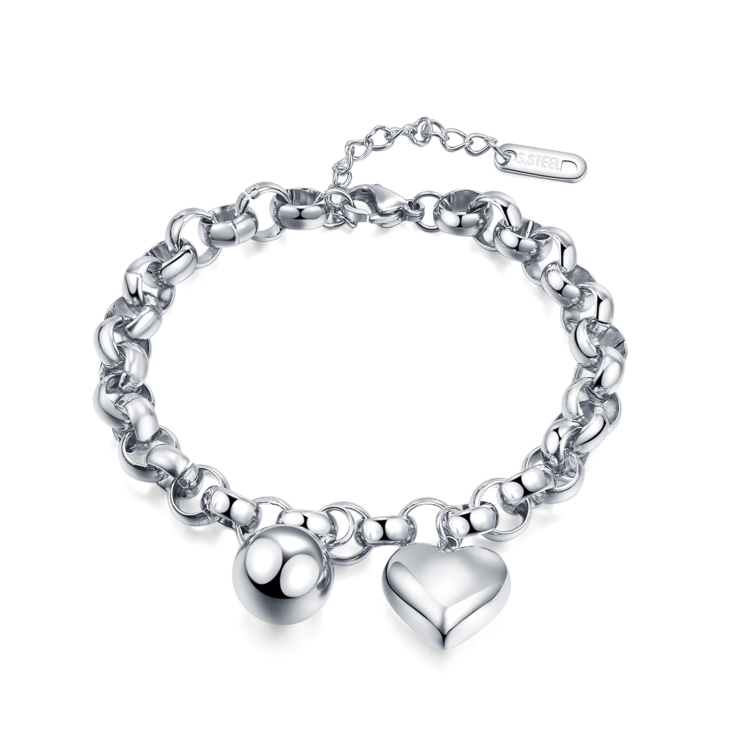 Steel Ball Heart Charm Link Fashion Women Stainless Steel Heart