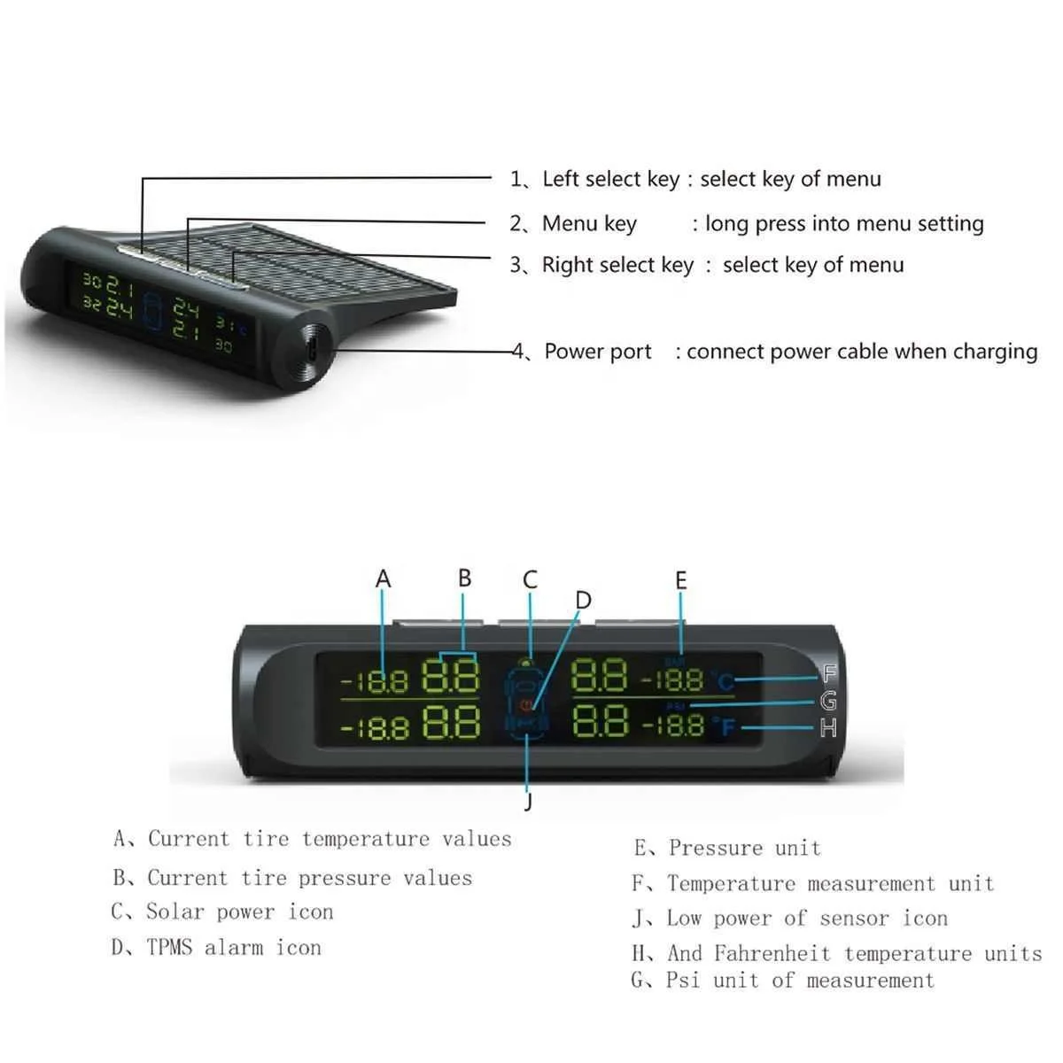 Acheter Smart Car TPMS Système de surveillance de la pression des pneus  Énergie solaire Numérique TMPS LCD Affichage USB Auto Security Alarm  Capteur de pression des pneus