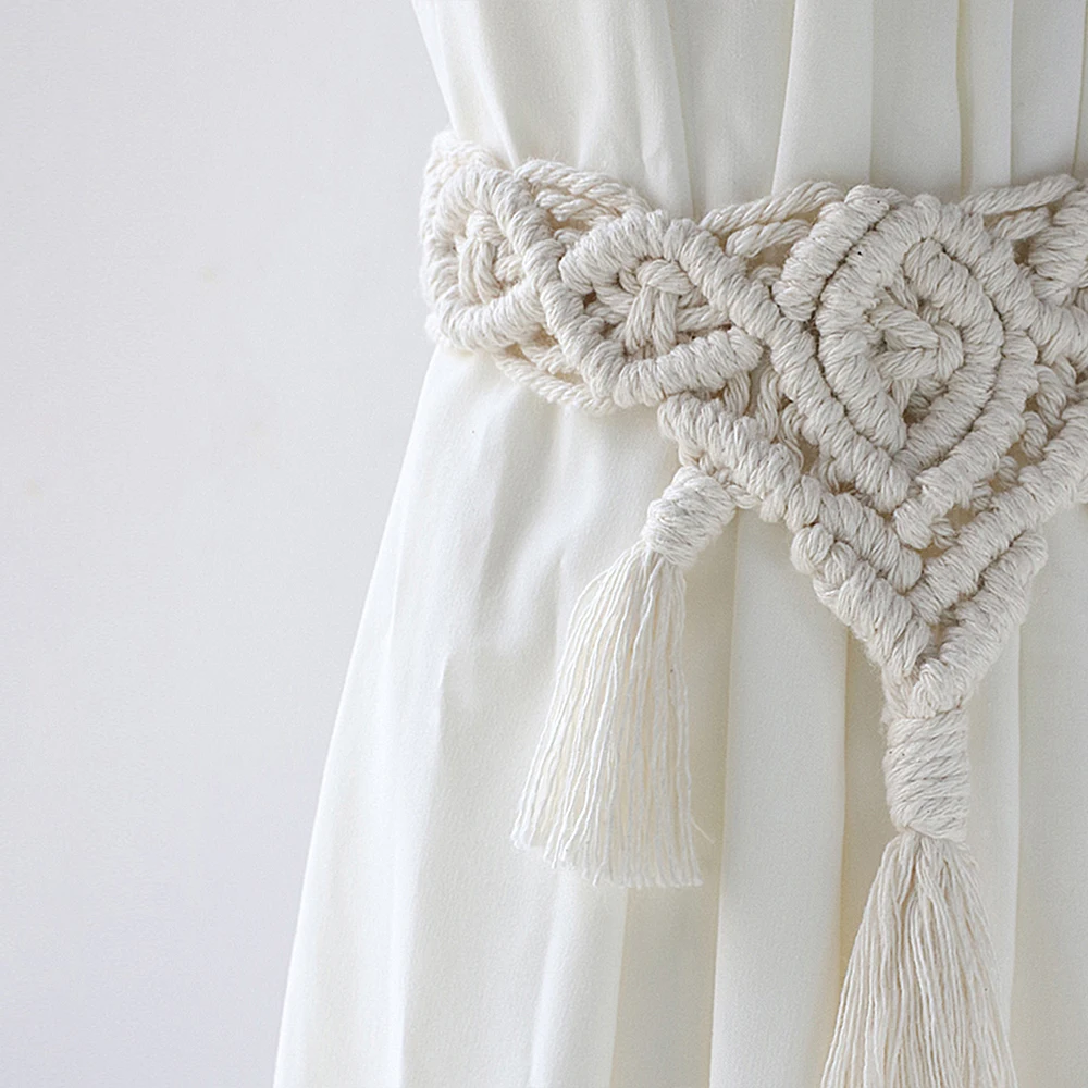 Boho Macrame Curtain Tiebacks Wood Bead Garland With Tassels Curtain Rope Farmhouse Decor Fringe Curtains Accessories for Room