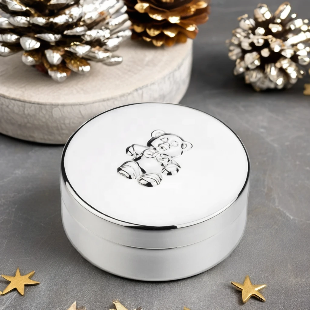 Elegant Design Metal Round Box Mini Teddy Bear Trinket Box Silver Bear Pattern Keepsake Box for Personalized Gift