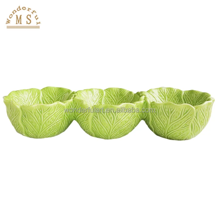 Oem Ceramic triple three vegetable baking dishes food Holders 3d Style tray Kitchenware porcelain cabbage 3 salad lemon plates