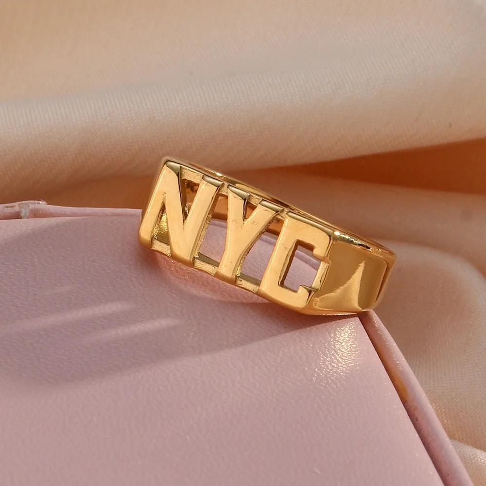 Dreamshow Initial Letter NYC Signet Ring Gold Plated Stainless Steel Rings Jewelry Women
