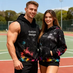 OEM Quality Customizable logo Drop Shoulder Streetwear Comfortable Cotton Oversize Loose Fit Abstract Pattern Sleeveless Hoodie