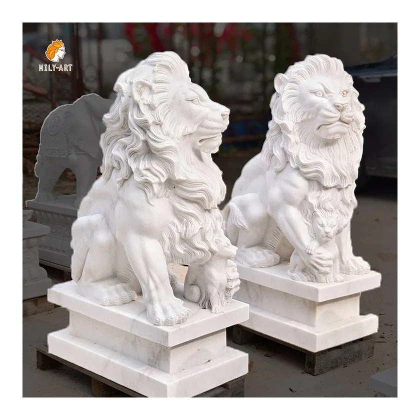Life Size Decoration High Quality Stone Sculpture White Sitting Marble Lion Statue for Garden