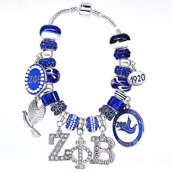 New Fashion Greek Sorority Big Hole European Beads Snake Chain Zeta Phi Beta Bracelets 1920 Dove ZOB Symbol School Society Gift