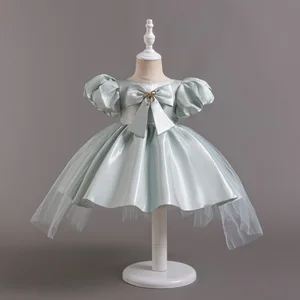 Kids Girls Elegant Ball Gown Birthday Party Dresses Princess Puffed Sleeves with Satin Bow & Mesh Layer Formal Style