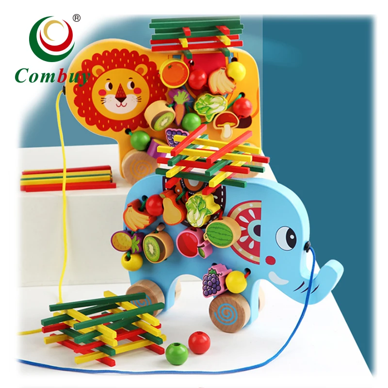 Early Education Balance Beaded Animals Cart Wooden Toys Baby