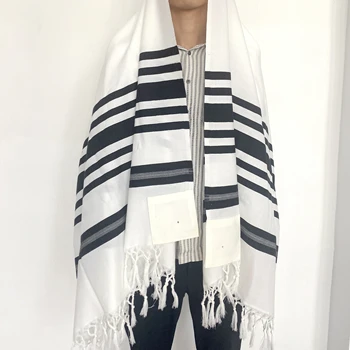 Kosher Certificate Jewish Non-Slip Wool White Prayer Shawl anti slip Textured Wool Tallit double fringes