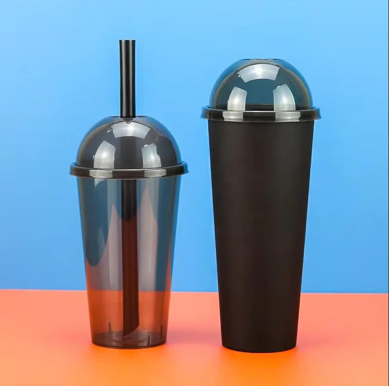 Customize PP Frosted Black Custom Take Away Disposable Matt Film Plastic Injection Cup With Straw an