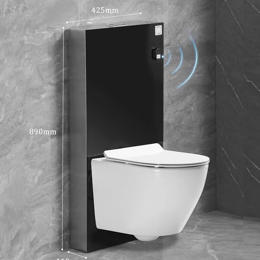 Modern Bathroom Wall Hung Toilet Glass Cistern Toilet Dual Flush Black
