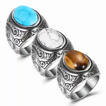 Custom fashion man punk jewelry turquoise stone stainless steel rings men