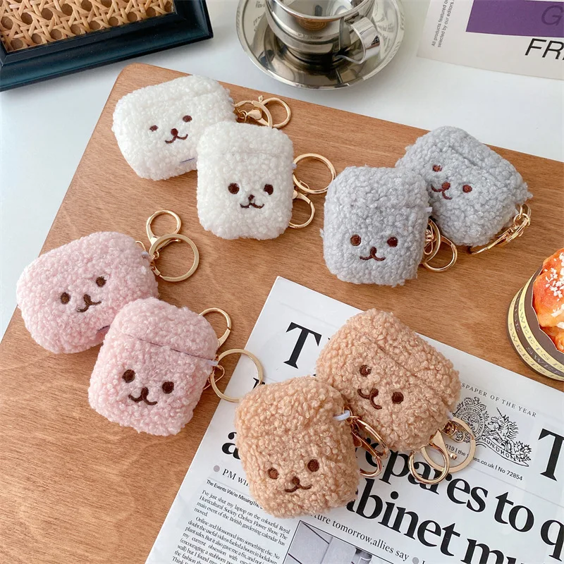 プラッシュファブリック かわいい動物 刺繍 プラッシュ保護ミニモバイルイヤフォンケース AirPods 1/2 3 Pro 防水 耐衝撃  