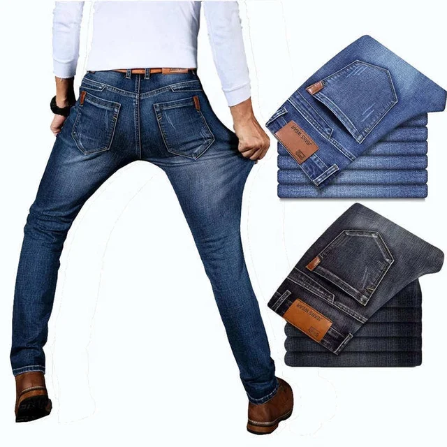 Wholesale men's classic stretch jeans business fashion casual denim pants straight leg brand pants black blue plus size