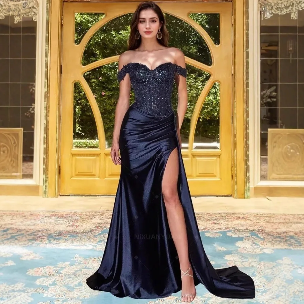 S0591N Navy Blue Satin Romantic Diamond Summer Prom Strapless Off-Shoulder  Slit Ball Gown Special Occasion Evening Dress| Alibaba.com