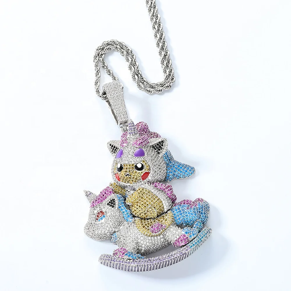 Wholesale Custom CZ Zircon Cubic Zirconia Gold Plated Rainbow Unicorn Hip Hop Fashion Jewelry Pendants Charms for Necklace 222068