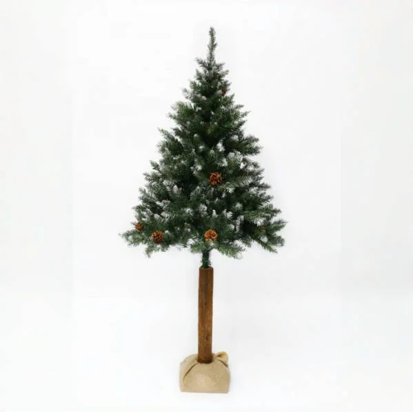 Artificial Christmas Tree Green PVC Tree with Wooden Trunk  Pine Cone  Flocking Decoration for Home Xmas Ornaments