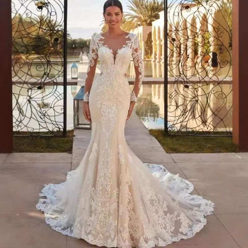 Wholesale wedding imple gowns long leeve long leeve mermaid wedding dress mermaid wedding gown,1 Unit