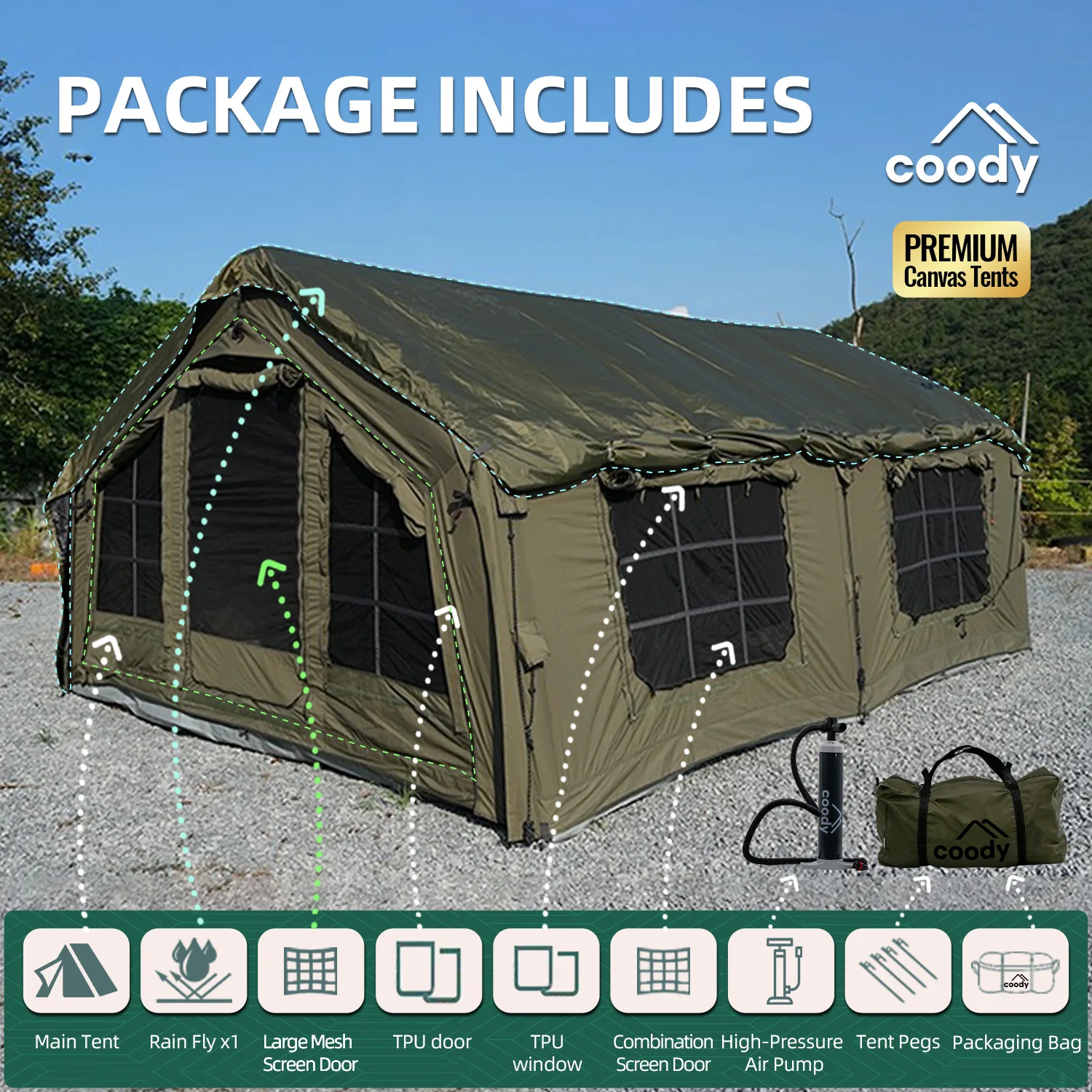coody familia 17.2 大型キャンプテント　エアテント Coody Familia AirTent 17.2 Green for Camping (2-10 Person)