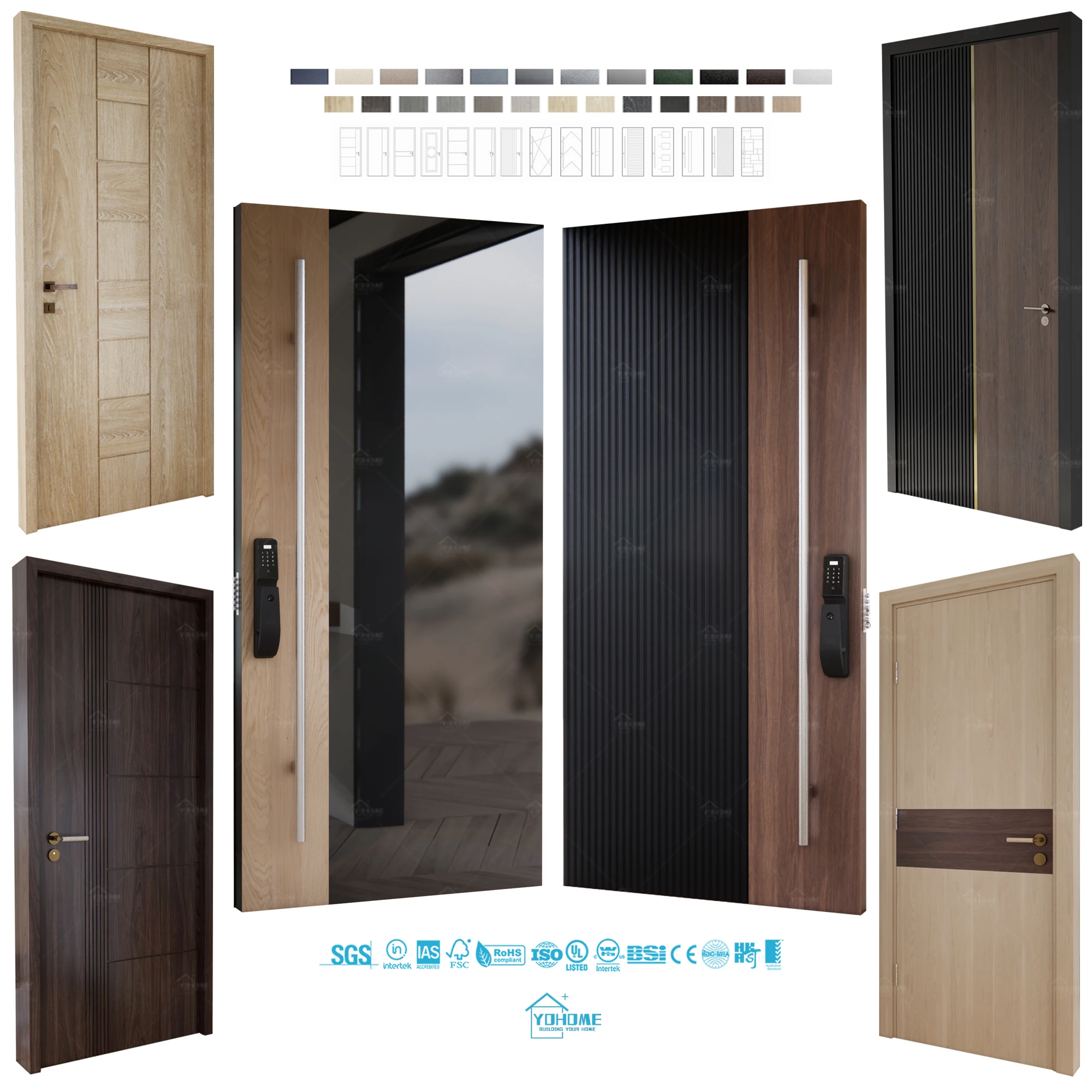 China Yohome Factory Custom Cast Aluminium Security Entry Doors for Houses Entrance Wood Door Modern Pivot Front Exterior Door