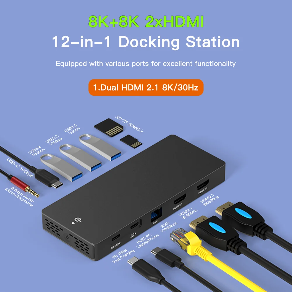 8K USB Cドッキングステーション 10-in-1 USB Cハブアダプター 4K@60Hz