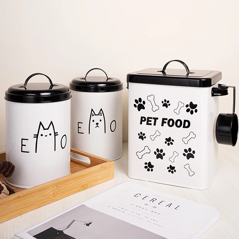 Metal Square Cans with Lid Sealing Black and White Paw Pet Food Storage Bucket with Scoop