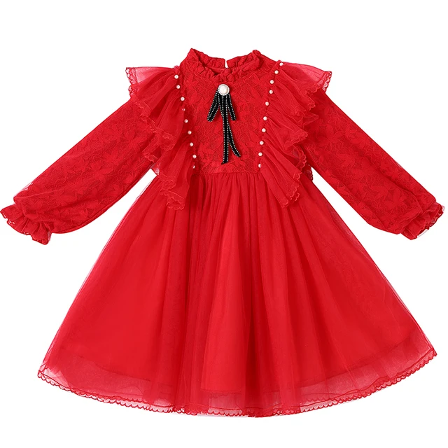 High Quality Beading Fly Sleeved Kids Children Dresses Winter Long Sleeve princess dress for girl Party