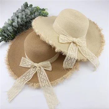 Summer Large Brim Straw Hat Ladies Bowknot Lace Embellished Outdoor Sunshade Beach Hats Foldable