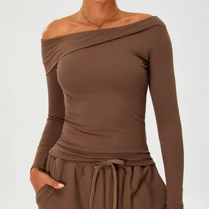 Off Shoulder Long Sleeve Athletic Ribbed Quick Dry Workout No Padding Custom Logo Gym Sports Fitness Yoga Top