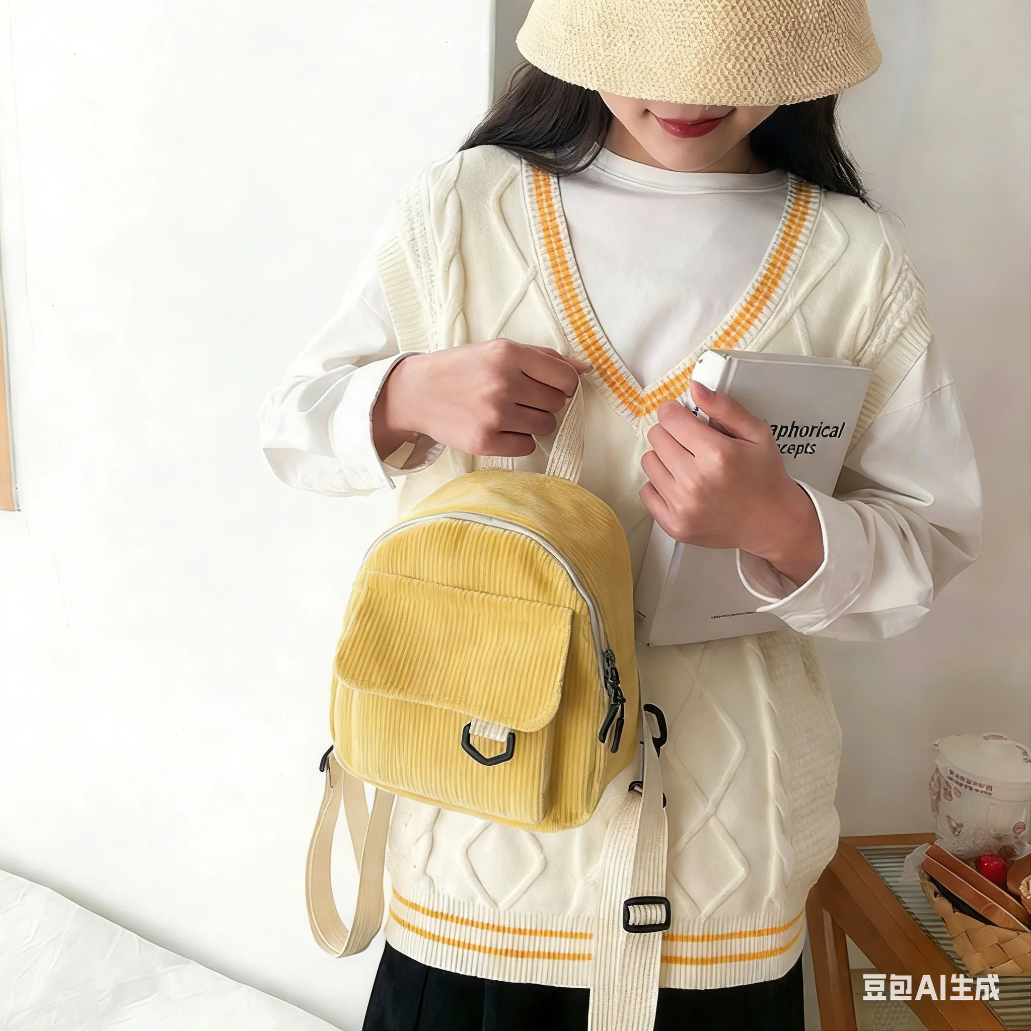 Tragbarer Mini-Rucksack für Schüler, leicht, aus Cord, einfarbig, lässig, schlicht, modern, für Reisen, Outdoor-Aktivitäten, Alltag, Schule_voghion.com