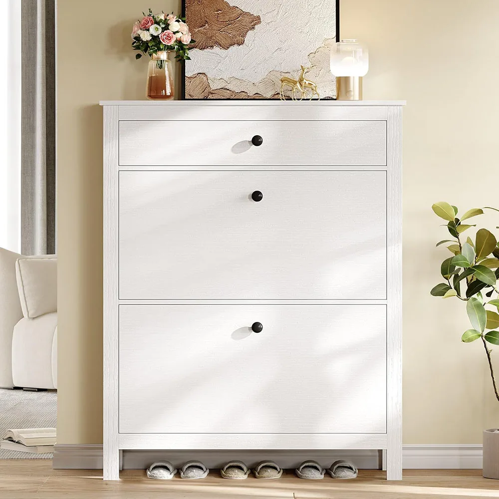 White Shoe Cabinet with 2 Flip Drawer,slim Shoe Storage Cabinet With Metal Flip Frame - Adjustable or Removable Hidden Shoe Rack