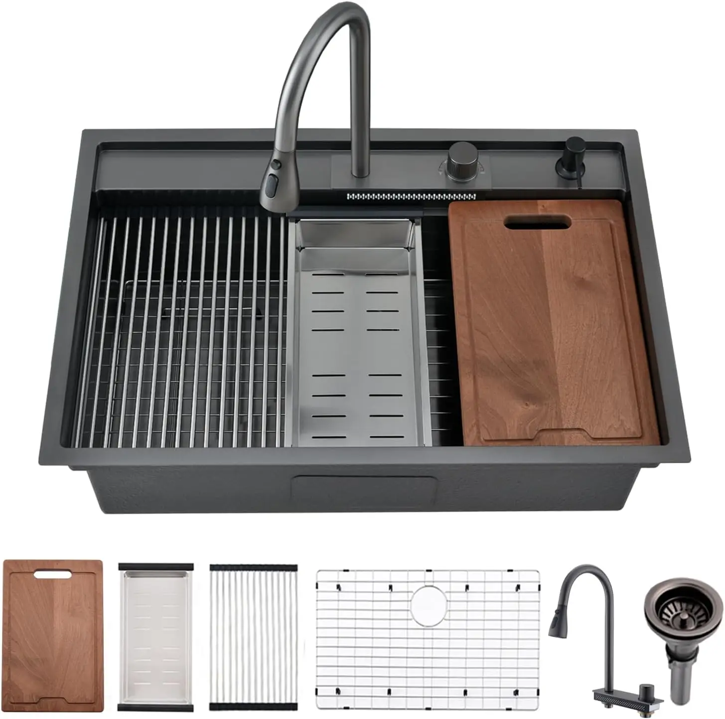 New Design Kitchen Furniture Sink Workstation Black Undermount Farmhouse Sink Stainless Steel Kitchen Sink Bowl with Accessories
