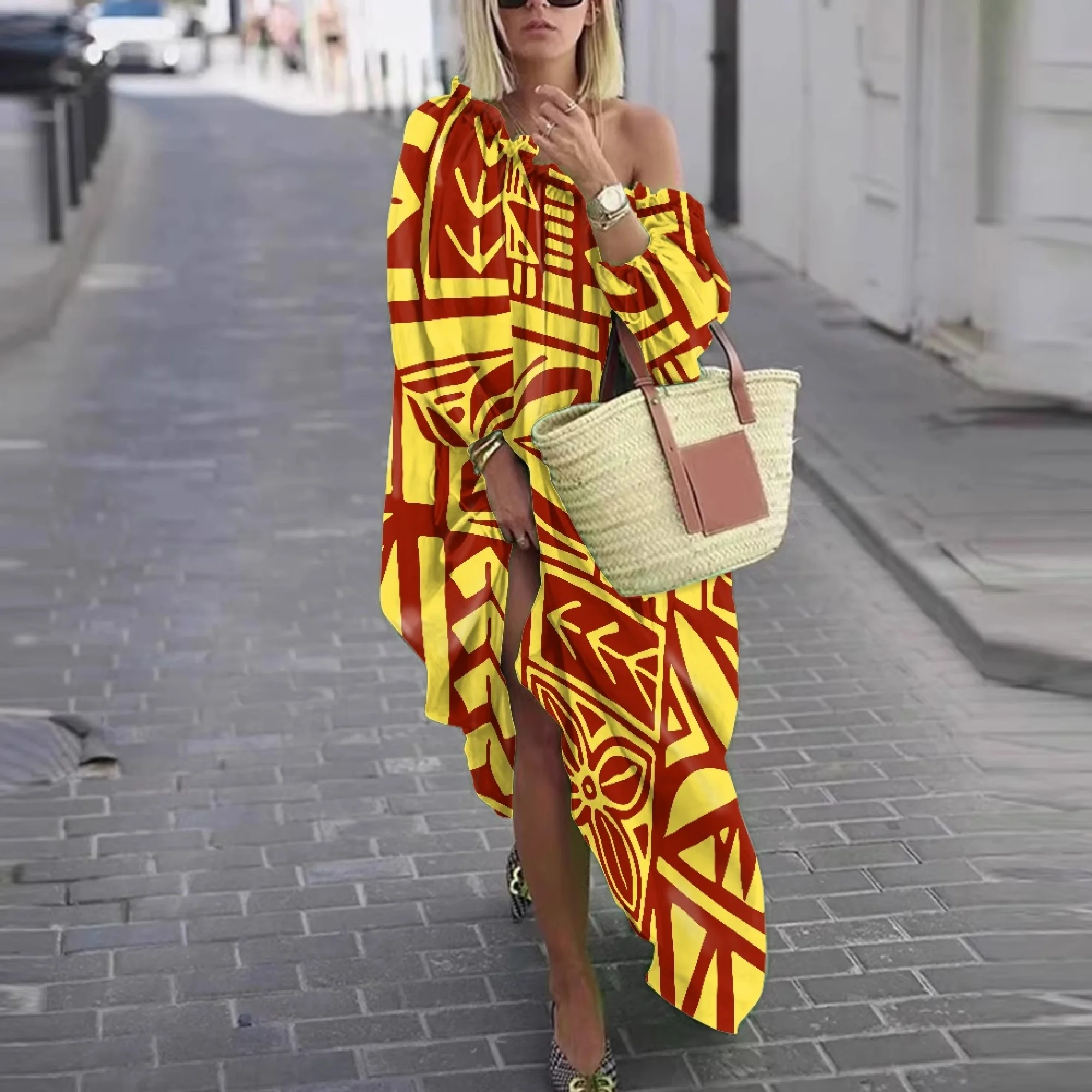 Whole Custom Tonga Tapa Polynesian Tribal Print Tie-Up Sashes Dress Plus  Size Dress Ladies Chiffon Off Shoulder Long Dress