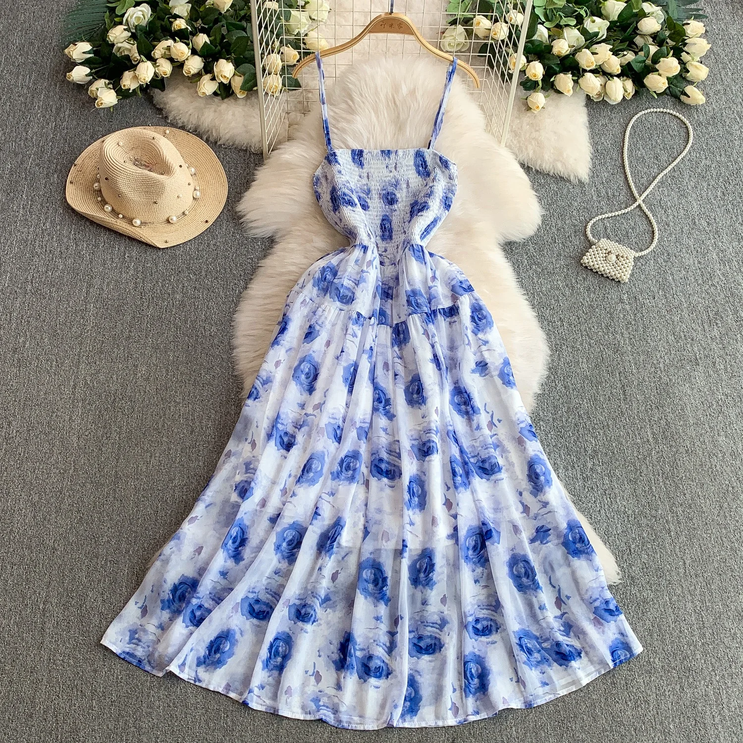 French Romantic Printed Camisole Dress for Women in Summer with Elastic  Pleats Elegant Waist Cinching