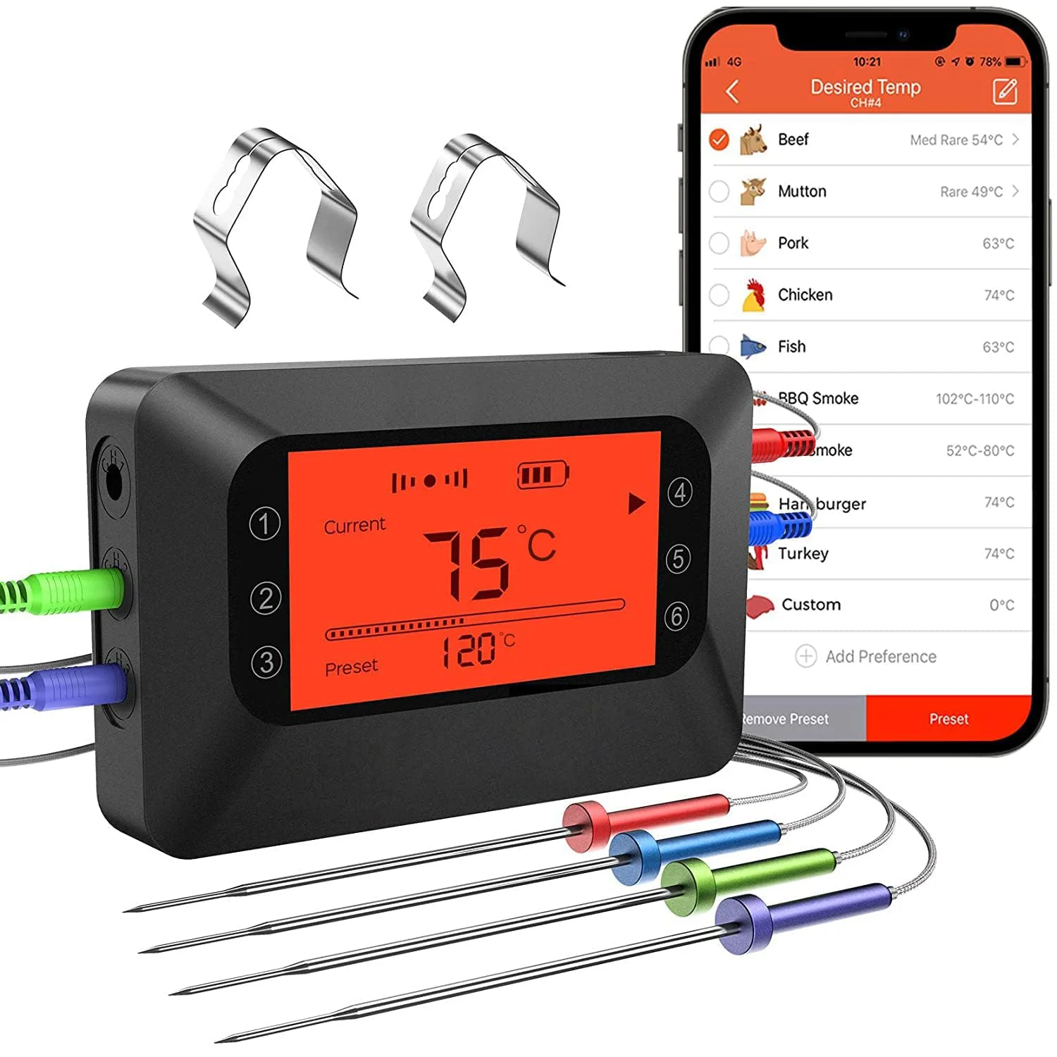 Bluetooth Digital Meat Thermometer for Grill BBQ 4-Color Wireless Probes Large Backlight Display Cooking Food Oven Thermometer
