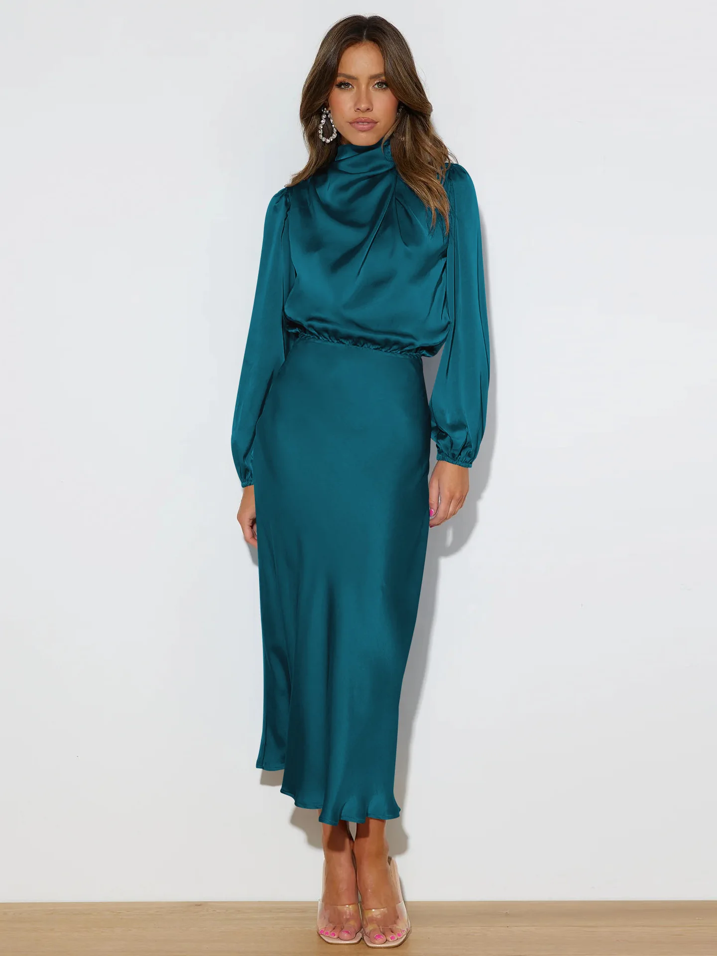 Straight Neck Ruched Satin A-line Maxi Dress With Pockets Slit main image 0